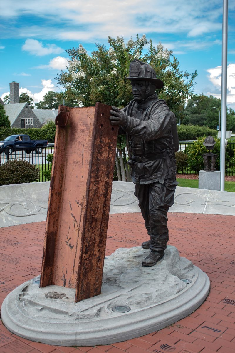 Firefighter memorial sculpture by artist Ed Walker at Empie Fire Station in Wilmington, NC