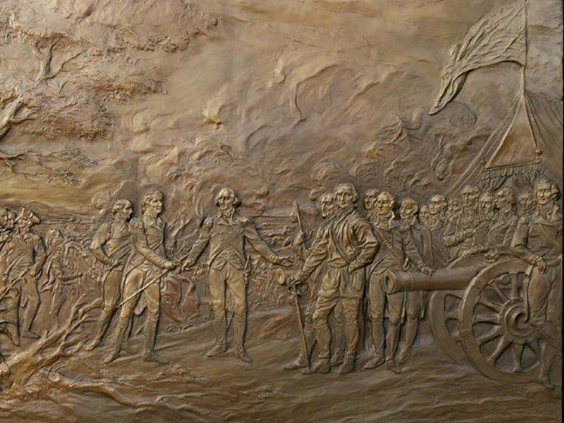 Surrender at Saratoga relief sculpture by artist Chas Fagan at Saratoga National Historical Park in Stillwater, NY