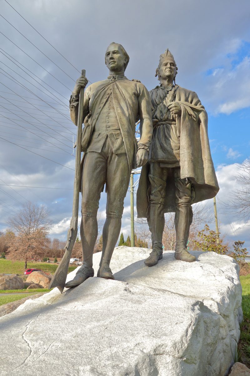 Thomas Spratt and King Hagler sculpture by artist Chas Fagan in the Charlotte trail of History in Charlotte, NC